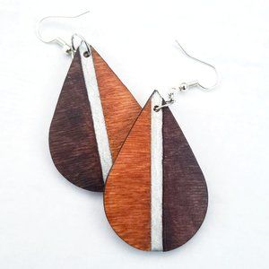 Tricolor Stained Wooden Teardrop Earrings | Pearl Stripe